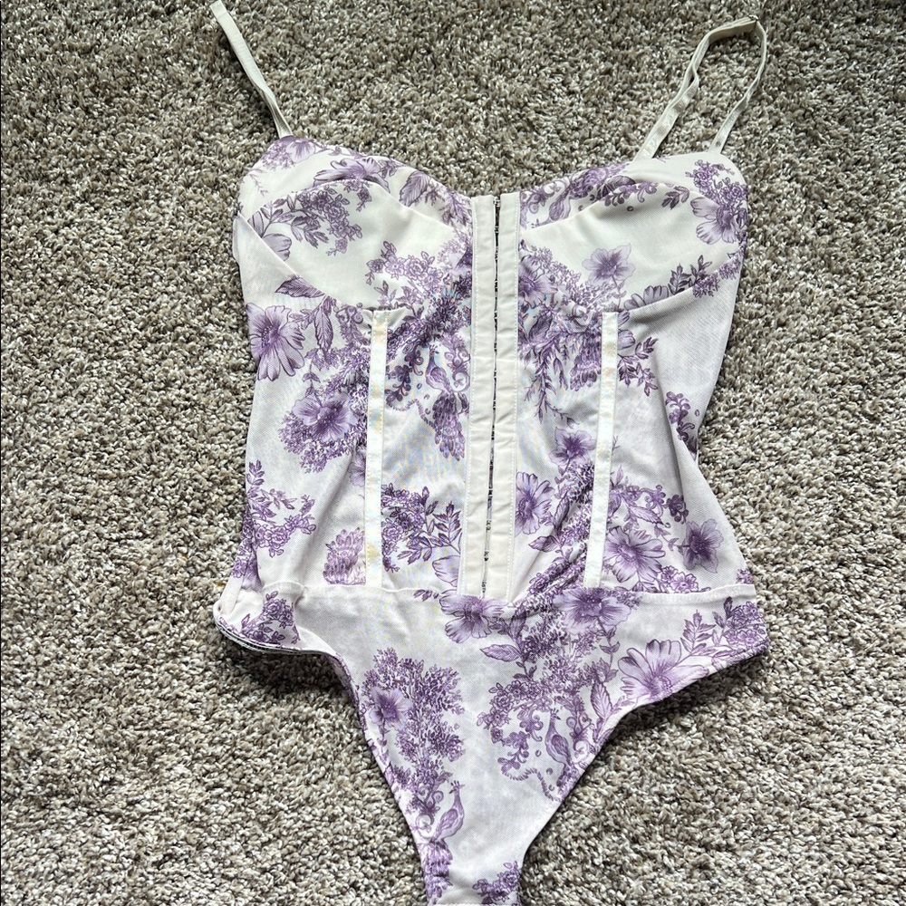 Free People Floral Purple and White Bodysuit - Size S